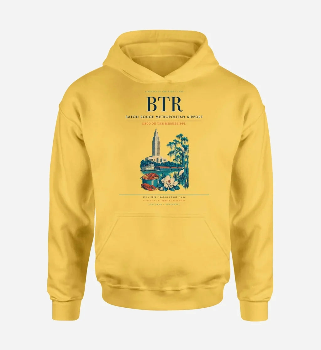 Baton Rouge Metropolitan Airport (BTR) design on yellow hoodie single-side print