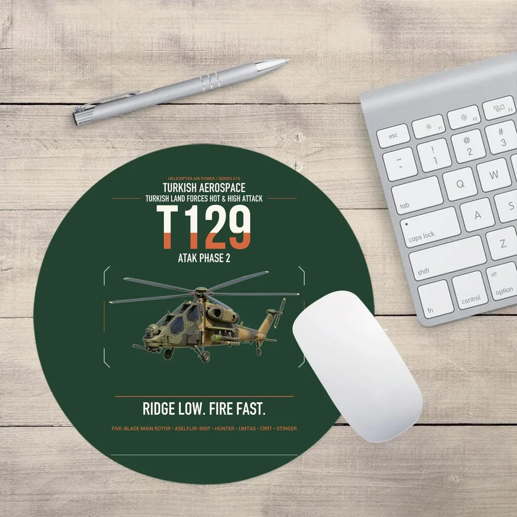 Turkish Aerospace T129 ATAK Phase 2 design on dark green round mouse pad