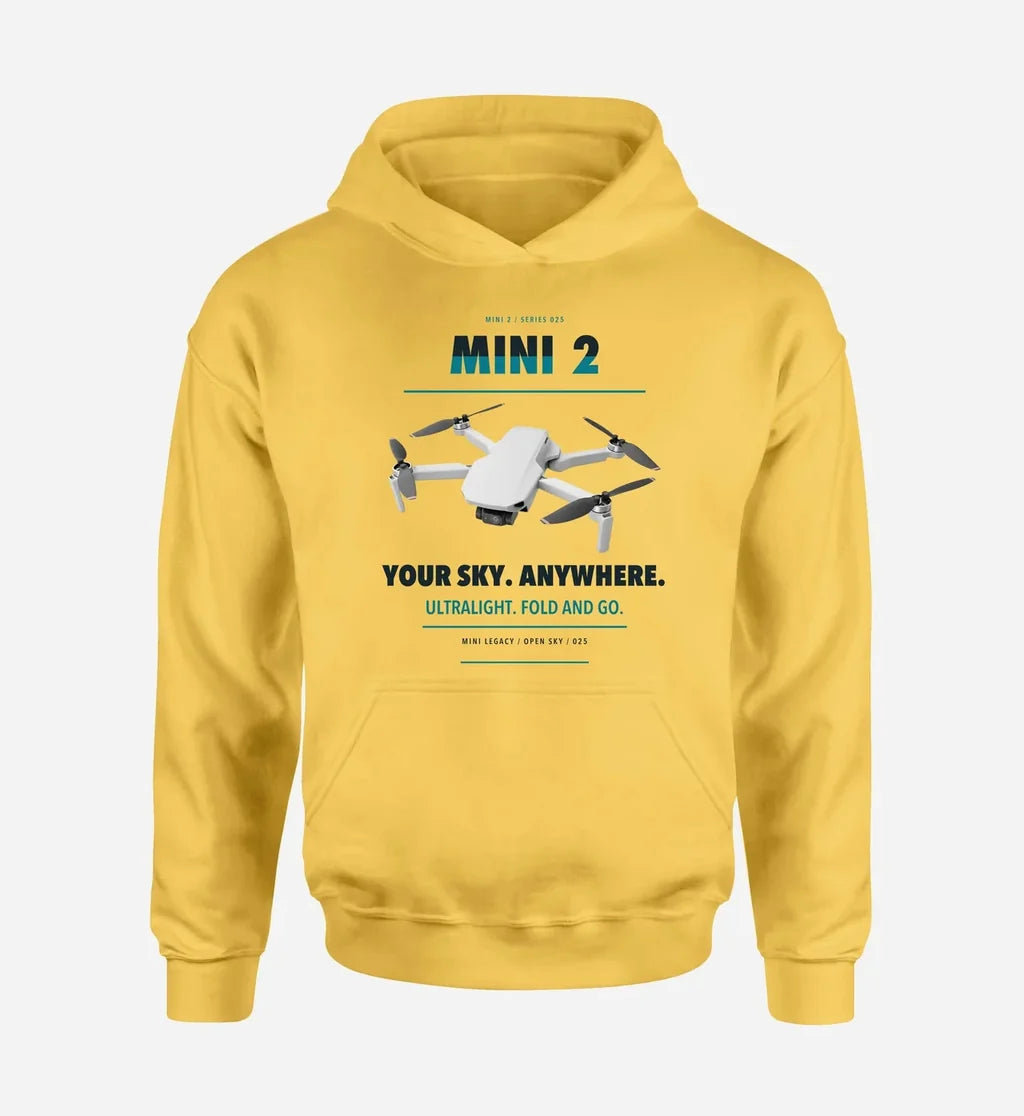 DJI Mini 2 design on yellow hoodie single side