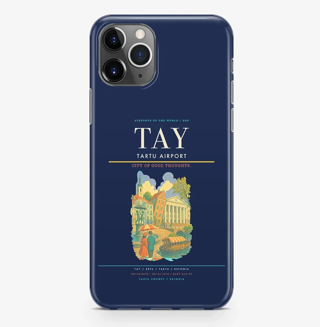 Tartu Airport (TAY) design on navy blue iPhone 16 Pro MagSafe case