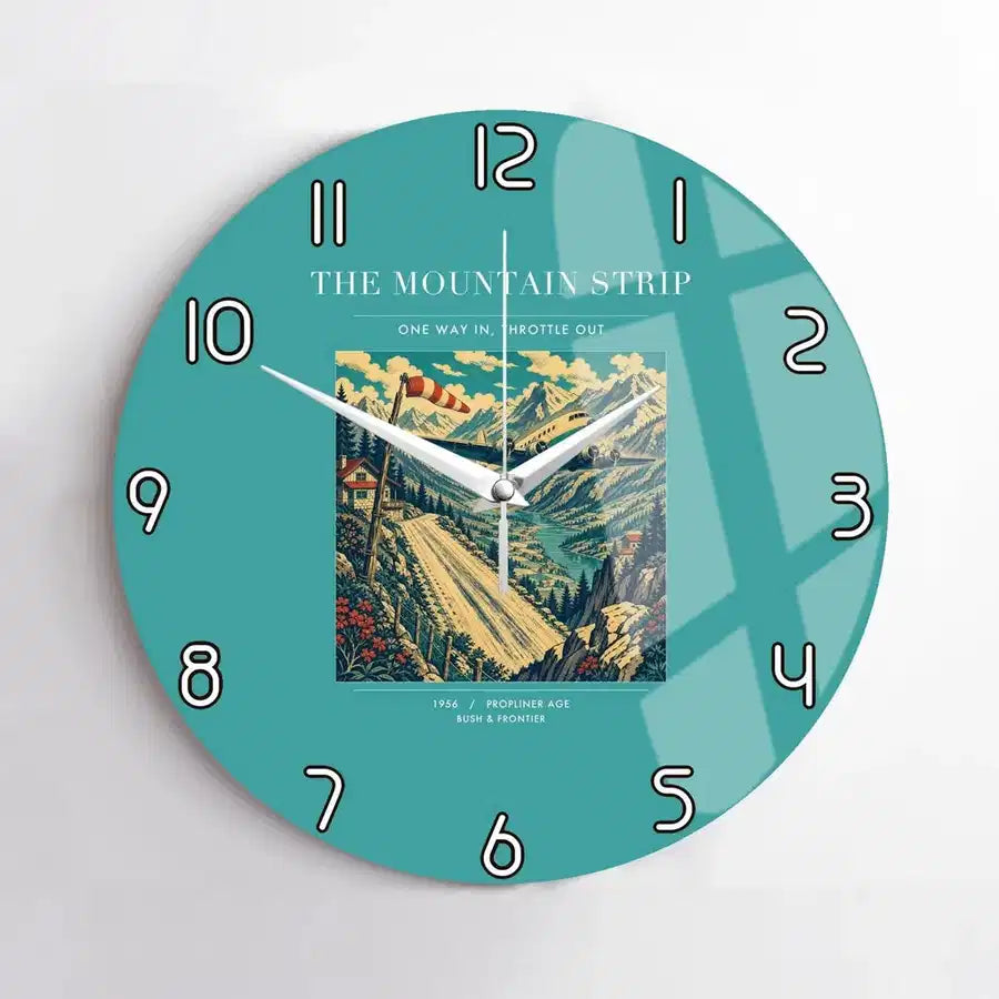 VINTAGE G4196 - The Mountain Strip - Designed Wall Clocks design on turquoise no-frame