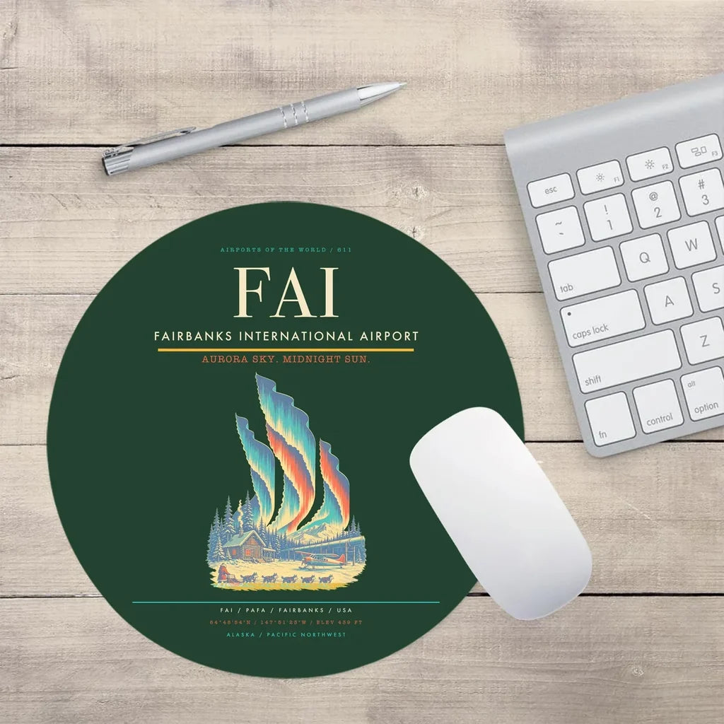 Fairbanks International Airport (FAI) design on dark green round mouse pad