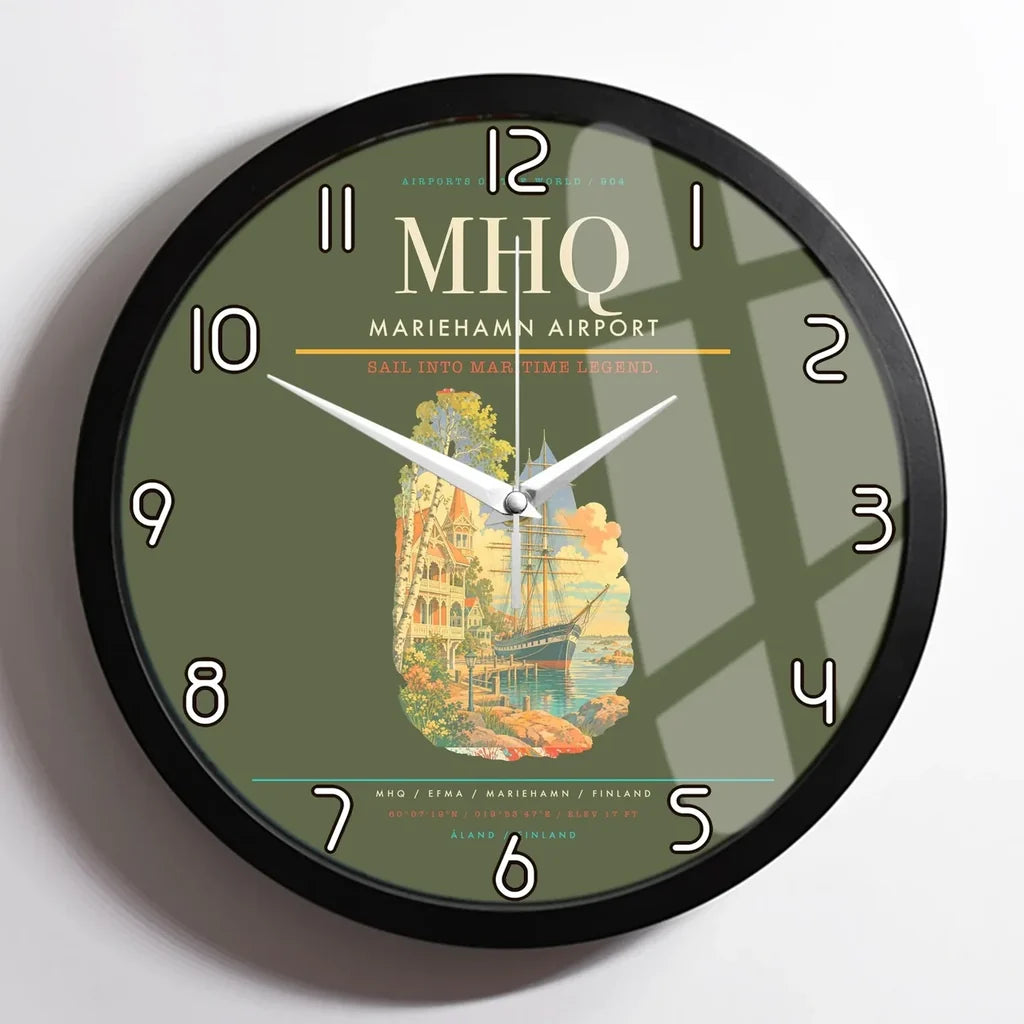 Mariehamn Airport (MHQ) design on green army framed wall clock