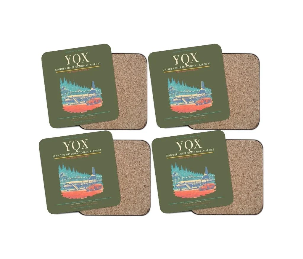 Gander International Airport (YQX) design on green army 4 pieces set coaster