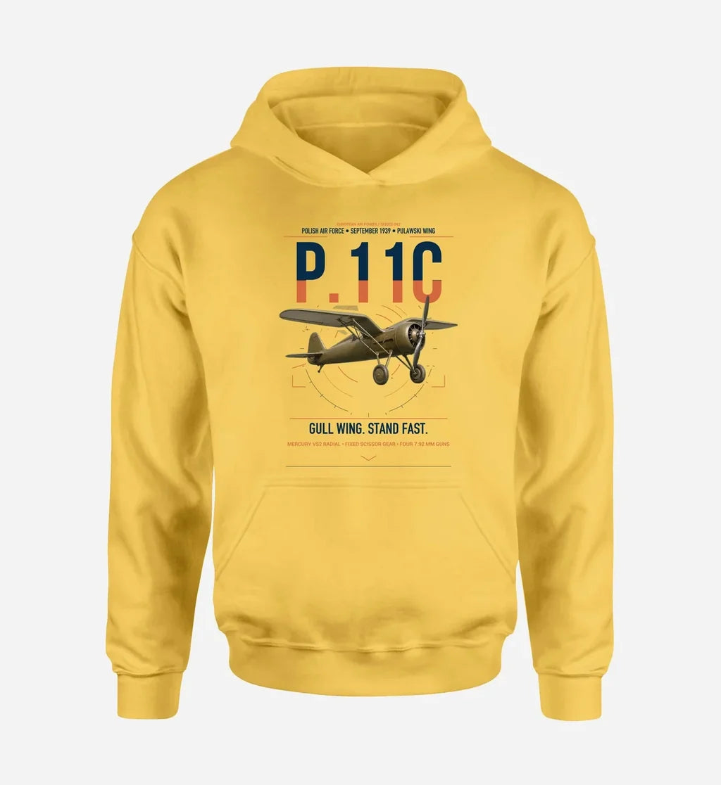 PZL P.11c design on yellow double-side hoodie, single-side print