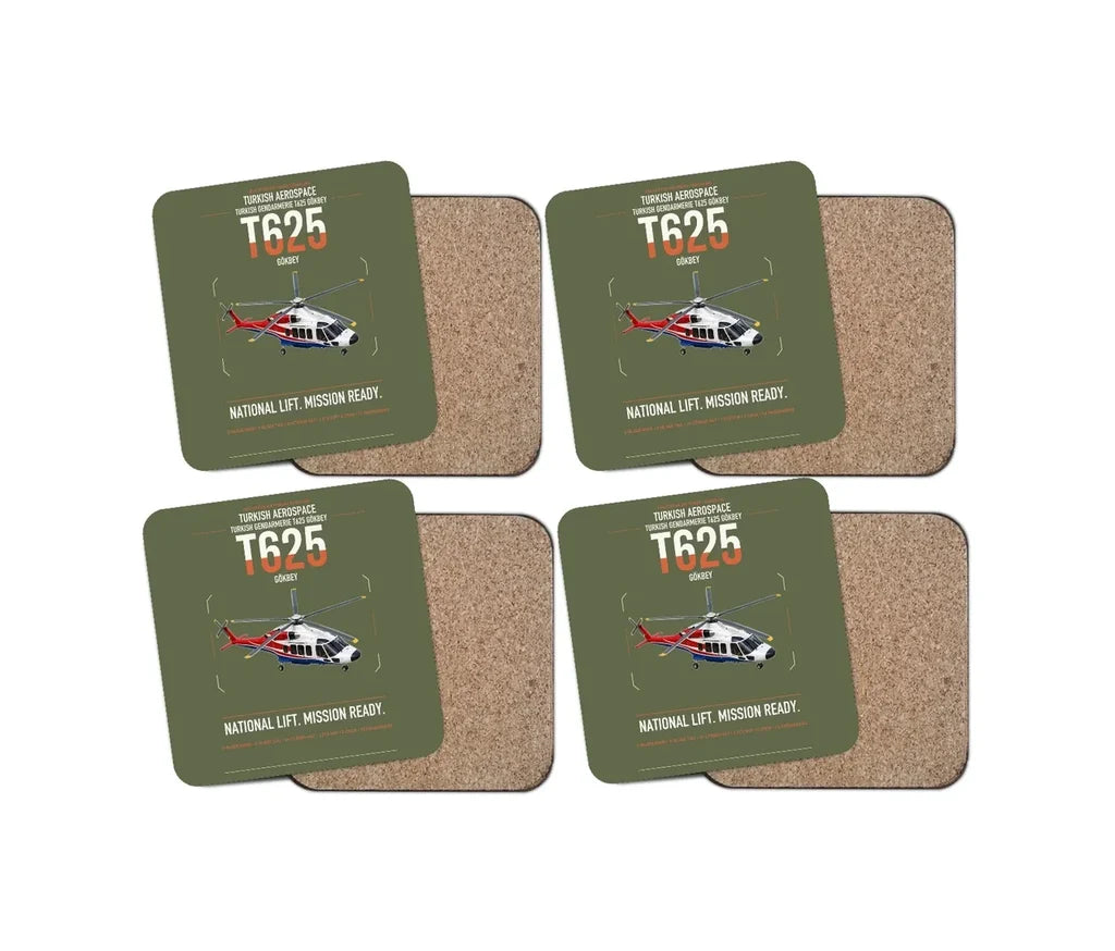 Turkish Aerospace T625 Gökbey design on green army 4 pieces set coaster