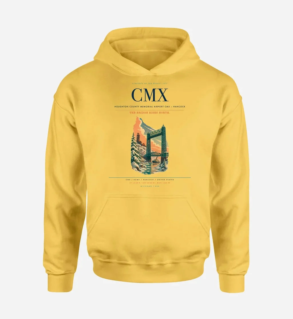 Houghton County Memorial Airport (CMX) design on yellow hoodie single-side print