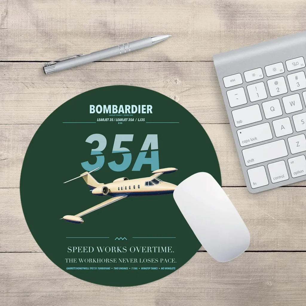 Bombardier Learjet 35A design on dark green round mouse pad
