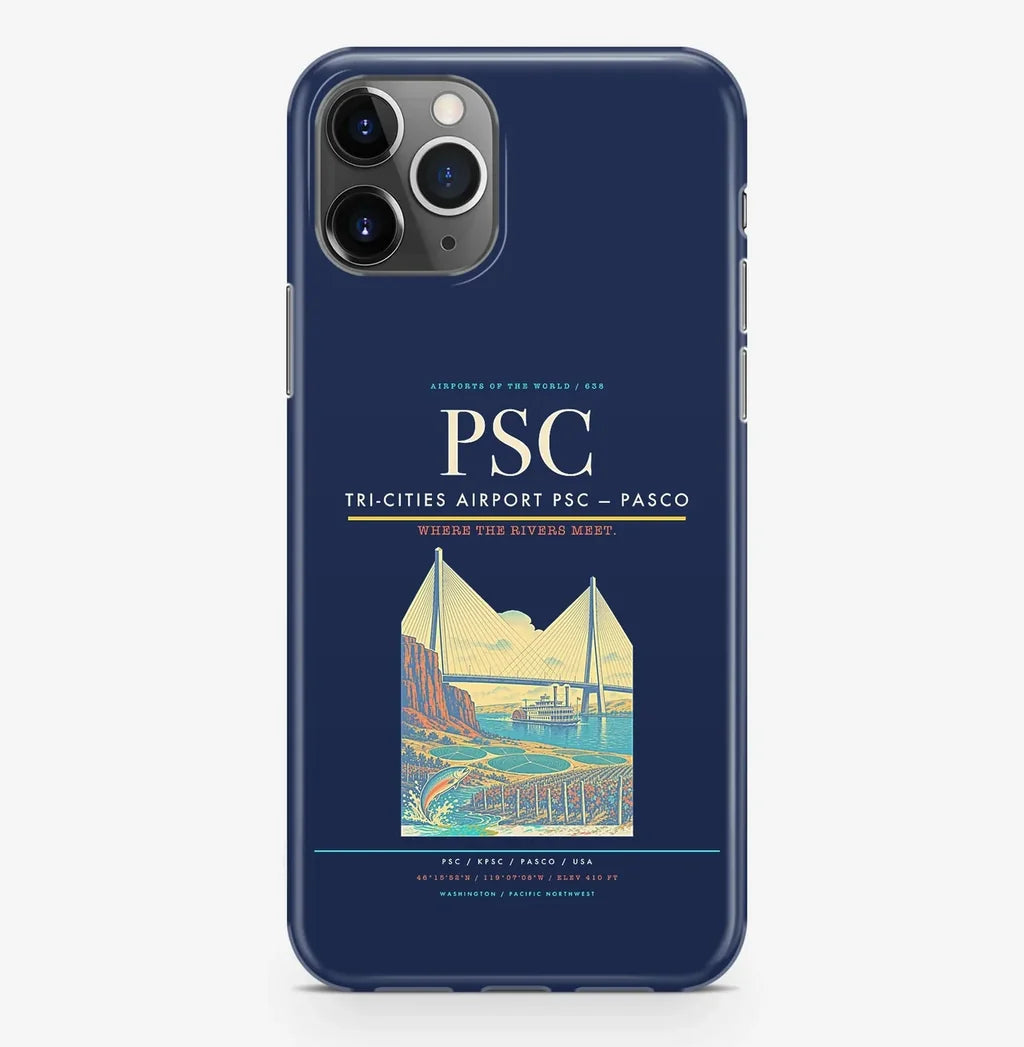 Pasco Airport (PSC) design on navy blue iPhone 16 Pro MagSafe case
