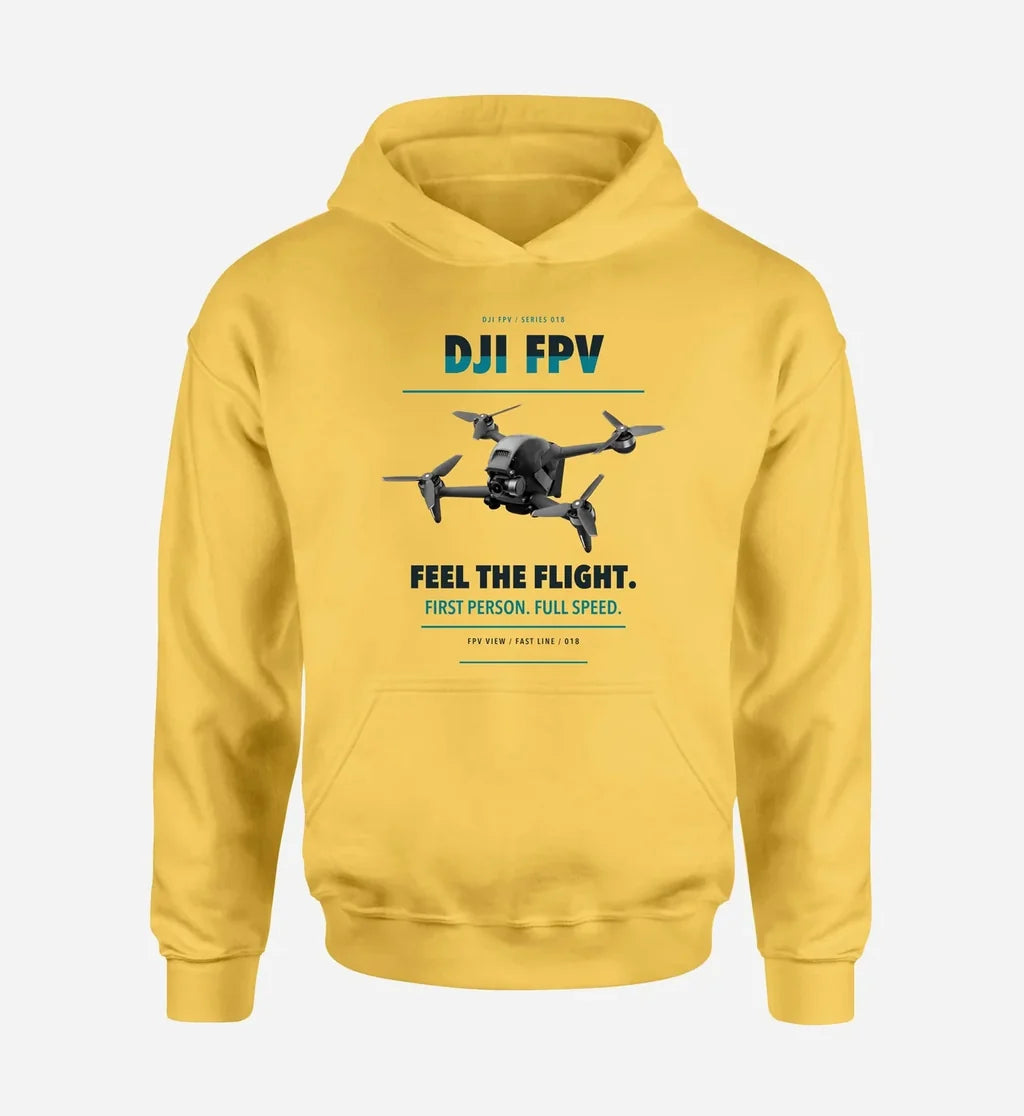 DJI FPV design on yellow hoodie single side