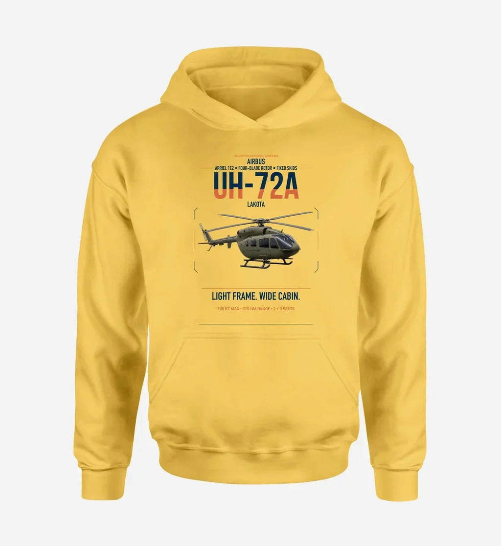 Airbus UH-72A Lakota design on yellow double-side hoodie, single-side print