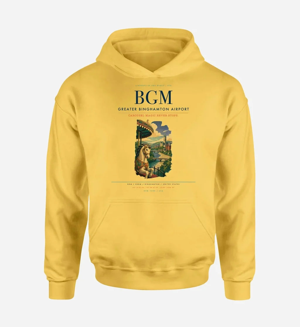 Greater Binghamton Airport (BGM) design on yellow hoodie single-side print