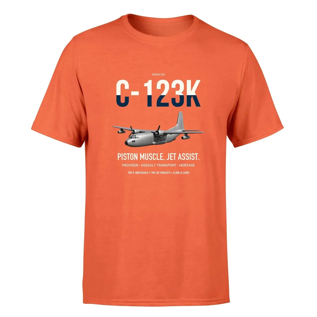 C-123K Provider design on orange double-side t-shirt, single-side print