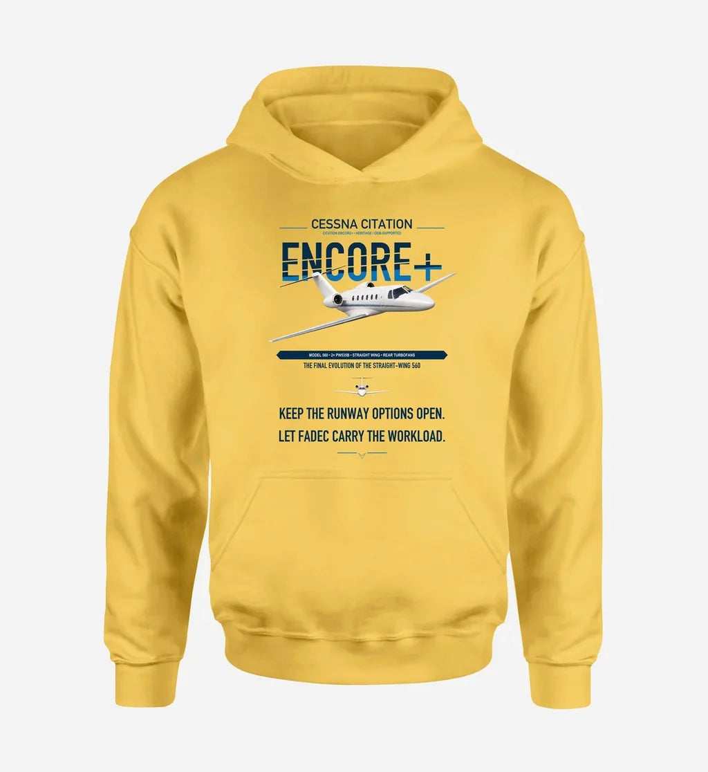 Cessna Citation Encore+ design on yellow double-side hoodie, single-side print