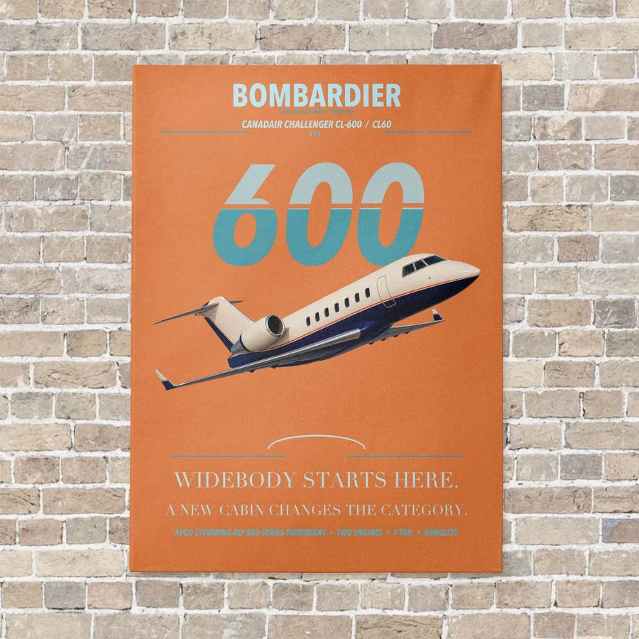 Bombardier Challenger 600 vertical canvas print - no frame - orange background