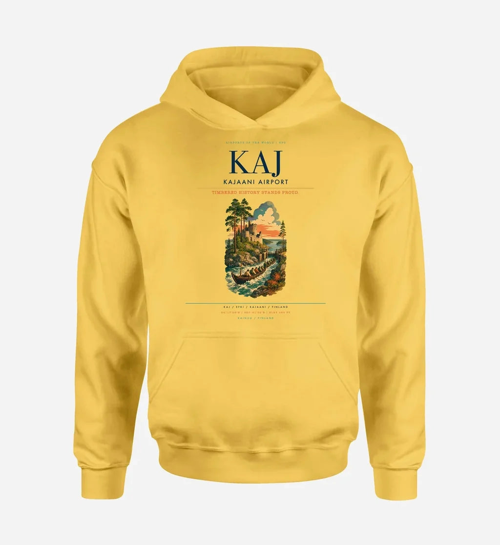 Kajaani Airport (KAJ) design on yellow hoodie single-side print