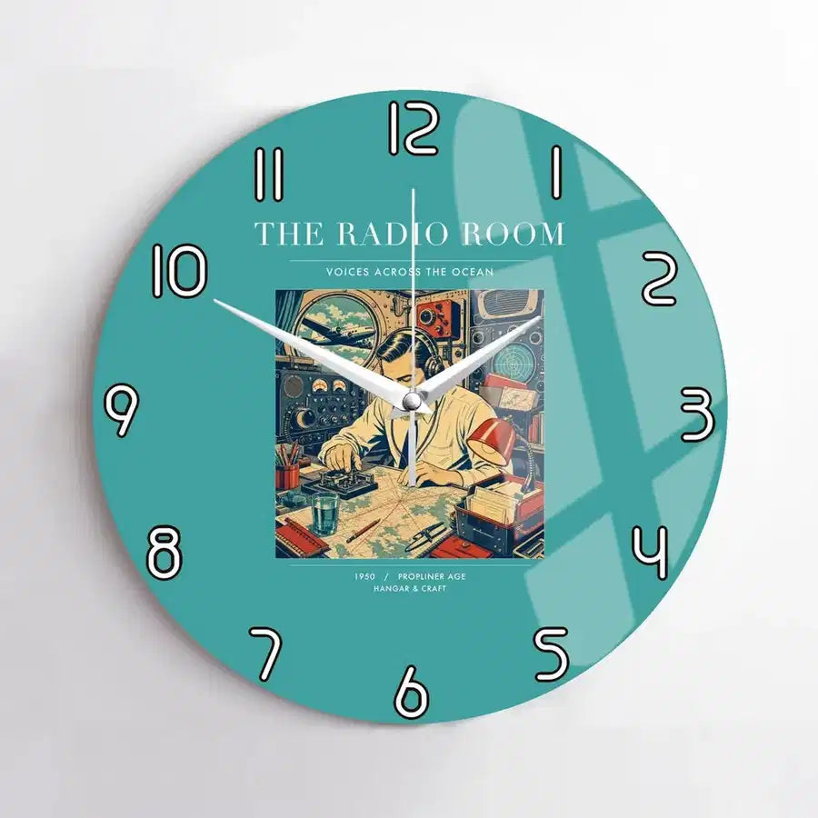 VINTAGE G4106 - The Radio Room - Designed Wall Clocks design on turquoise no-frame