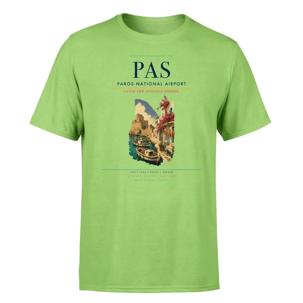 Paros National Airport (PAS) T-Shirt single-side front print in Light Green | paros-national-airport-pas-double-side-t-shirt