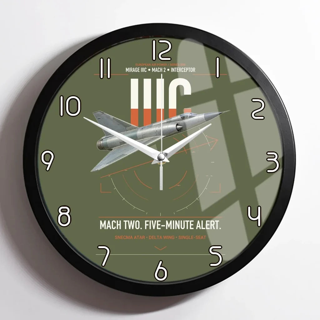 Dassault Mirage IIIC design on green army framed wall clock