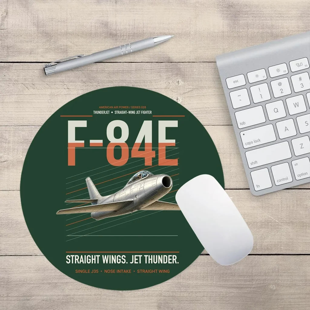 F-84E Thunderjet design on dark green round mouse pad