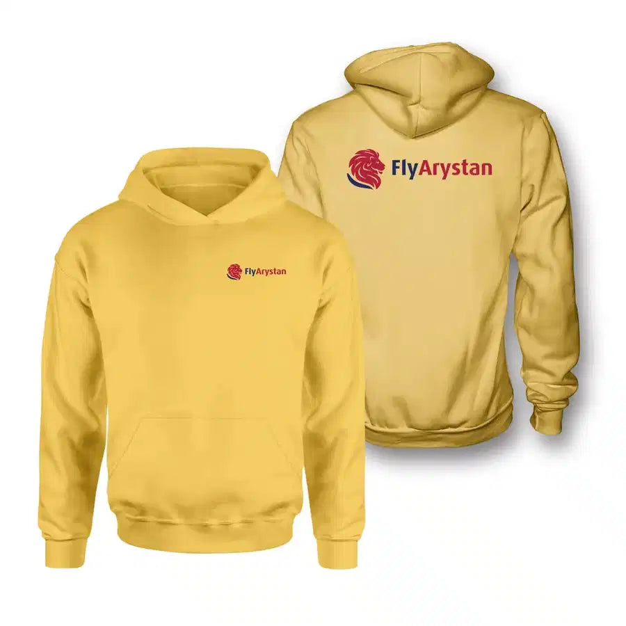 FlyArystan Airlines logo on yellow double side hoodie
