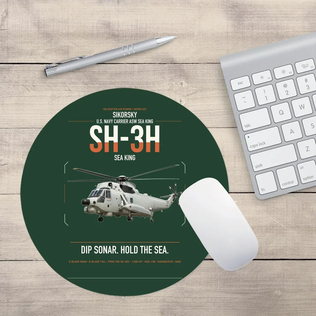 Sikorsky SH-3H Sea King design on dark green round mouse pad