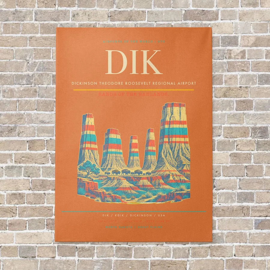 Dickinson Theodore Roosevelt Regional Airport DIK vertical canvas print - no frame - orange background