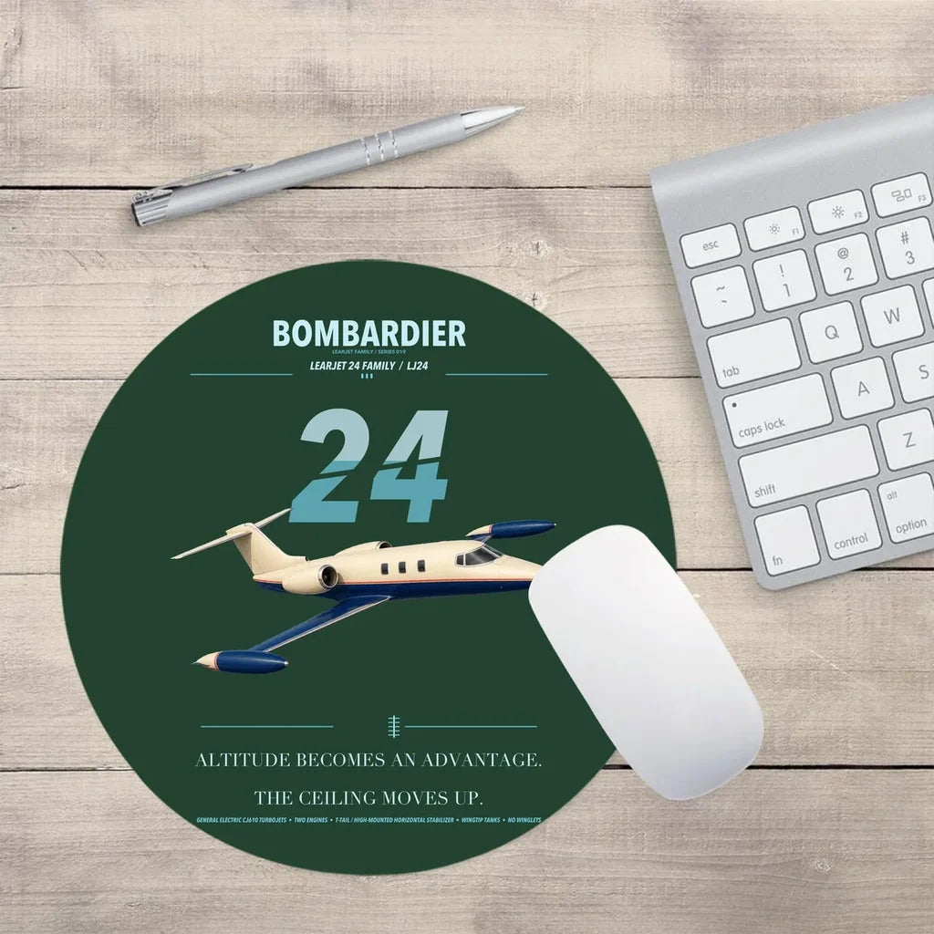 Bombardier Learjet 24 design on dark green round mouse pad