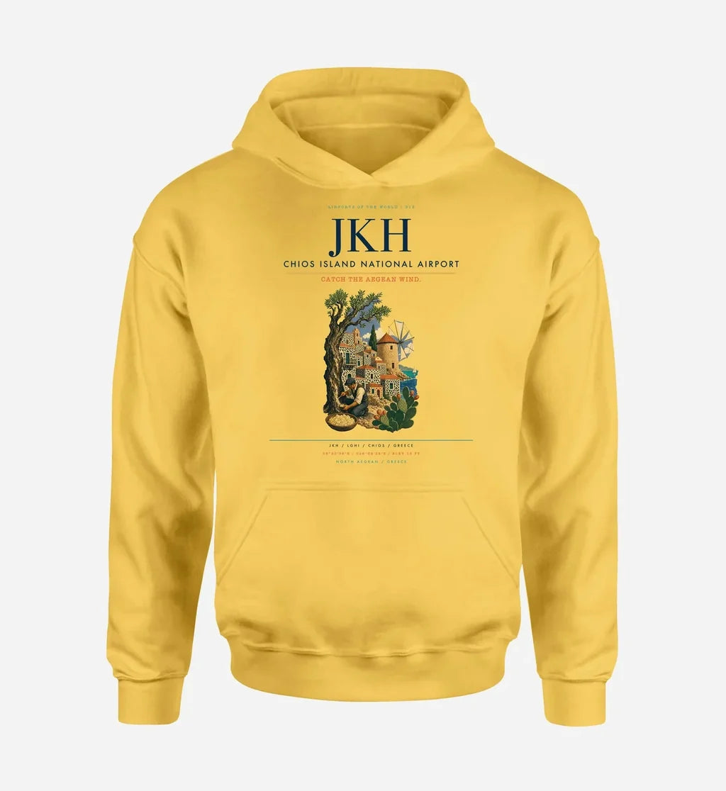 Chios Island National Airport (JKH) design on yellow hoodie single-side print