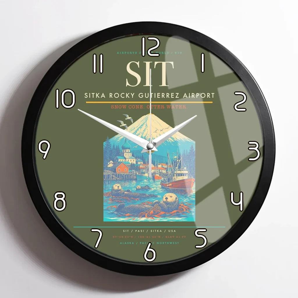 Sitka Rocky Gutierrez Airport (SIT) design on green army framed wall clock