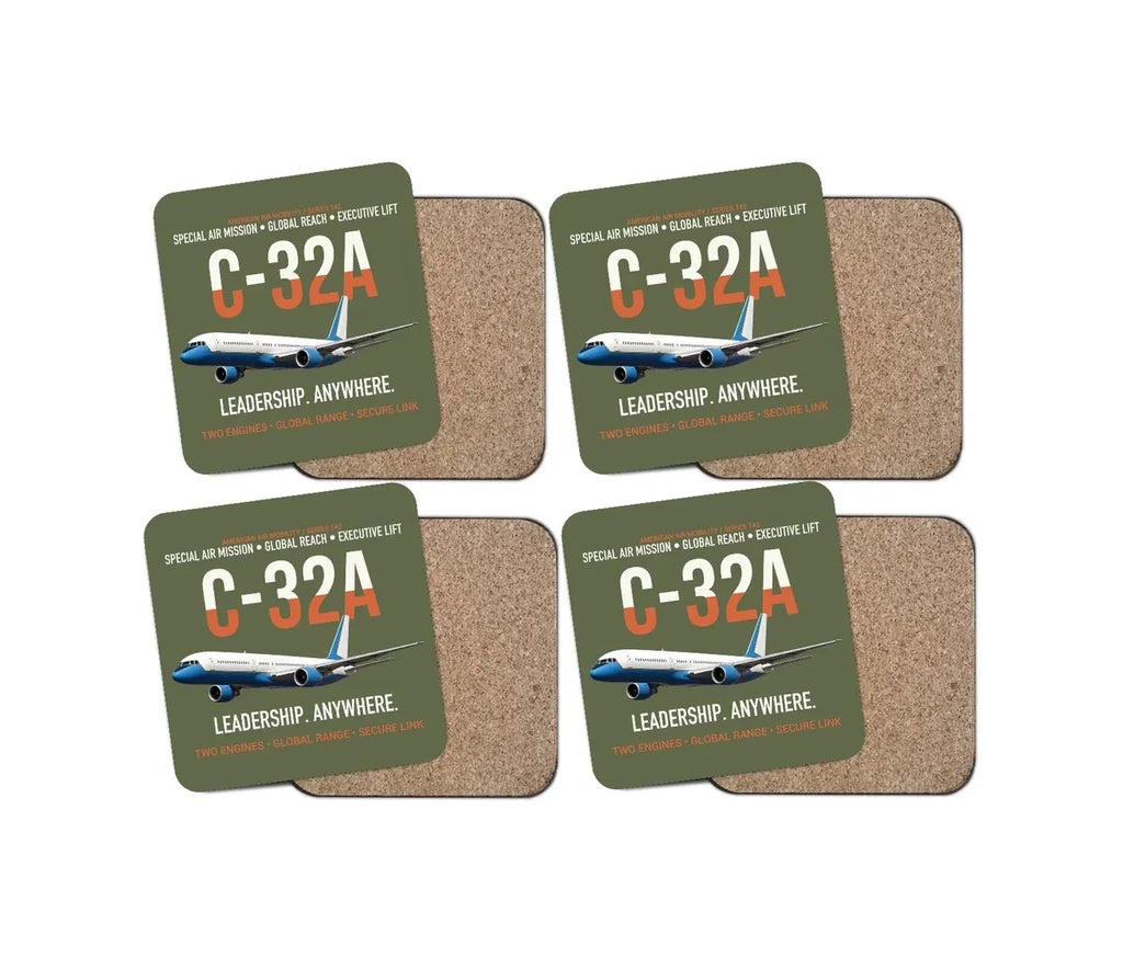 C-32A Air Force Two Global Reach design on green army 4 pieces set coaster