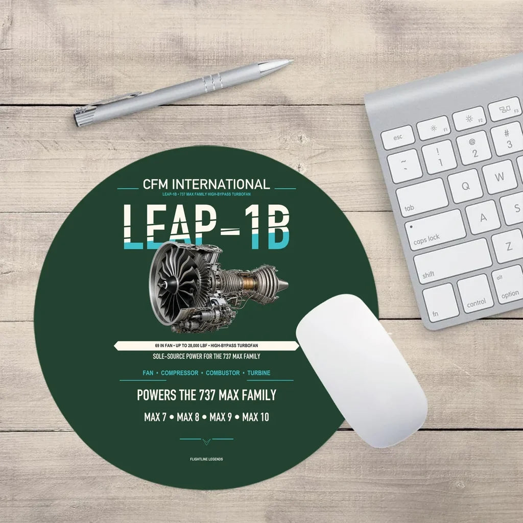 CFM LEAP-1B design on dark green round mouse pad