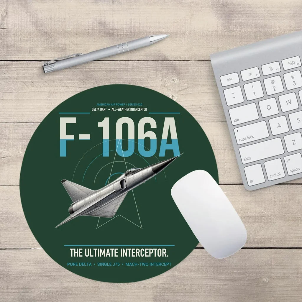 F-106A Delta Dart design on dark green round mouse pad
