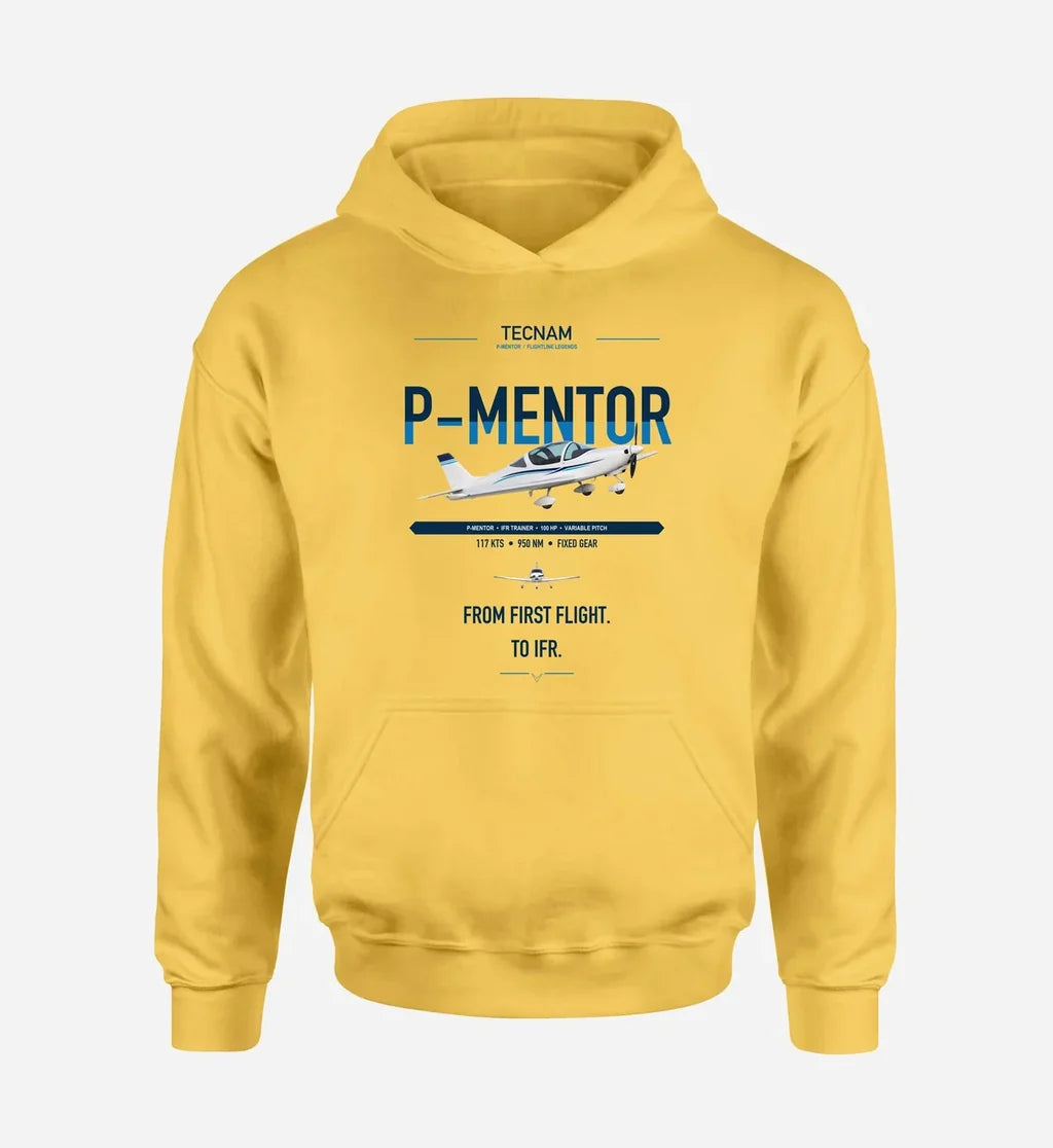 Tecnam P-Mentor design on yellow double-side hoodie, single-side print