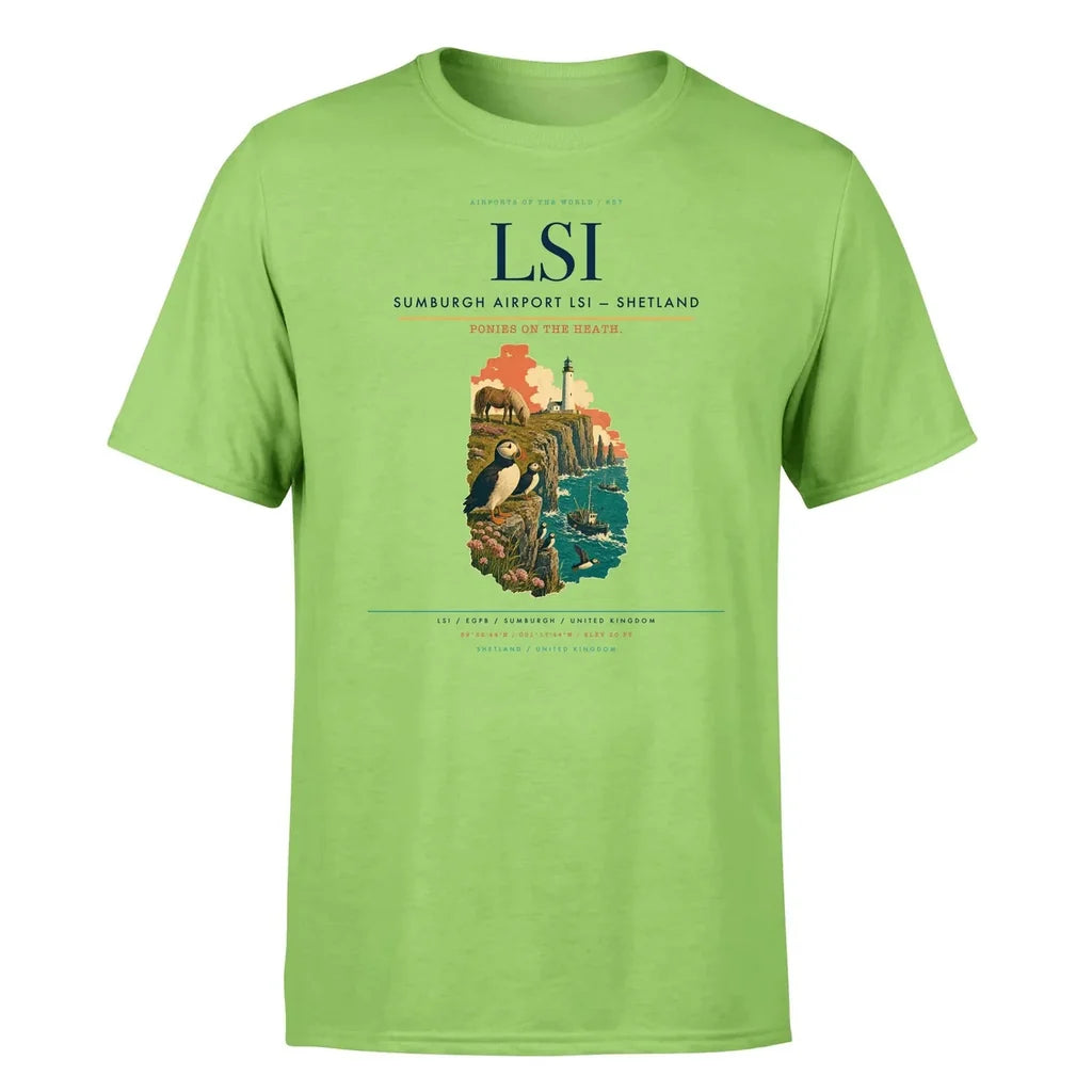 Sumburgh Airport (LSI) T-Shirt single-side front print in Light Green | sumburgh-airport-lsi-double-side-t-shirt