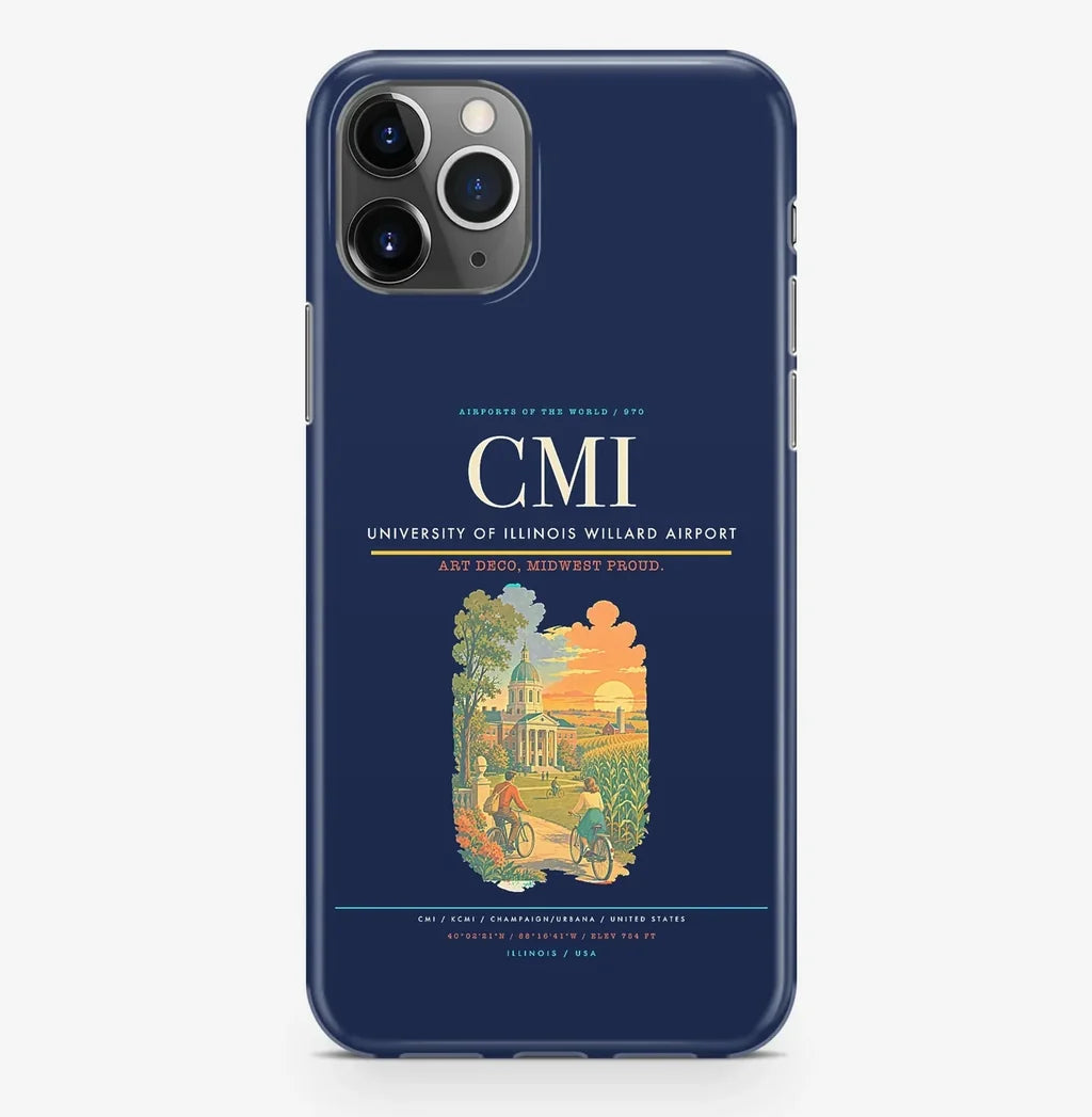 Champaign/Urbana Airport (CMI) design on navy blue iPhone 16 Pro MagSafe case