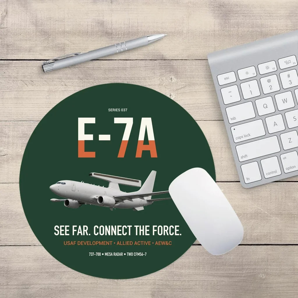 E-7A Wedgetail design on dark green round mouse pad