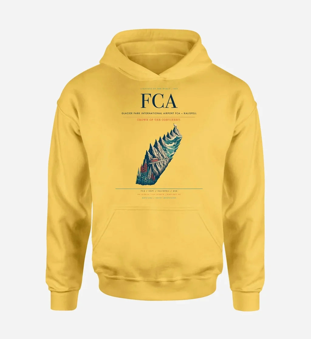 Glacier Park International Airport (FCA) design on yellow hoodie single-side print