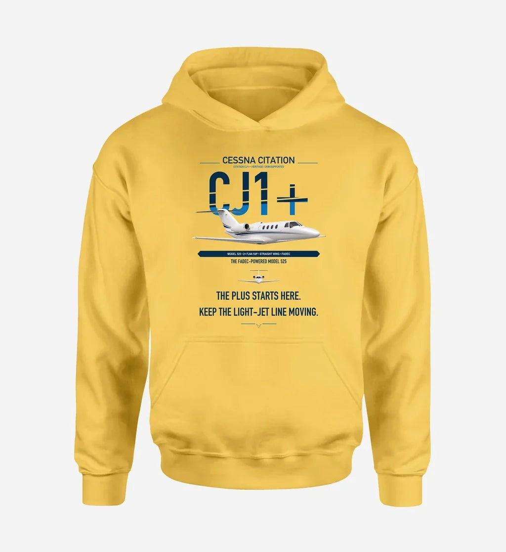 Cessna Citation CJ1+ design on yellow double-side hoodie, single-side print