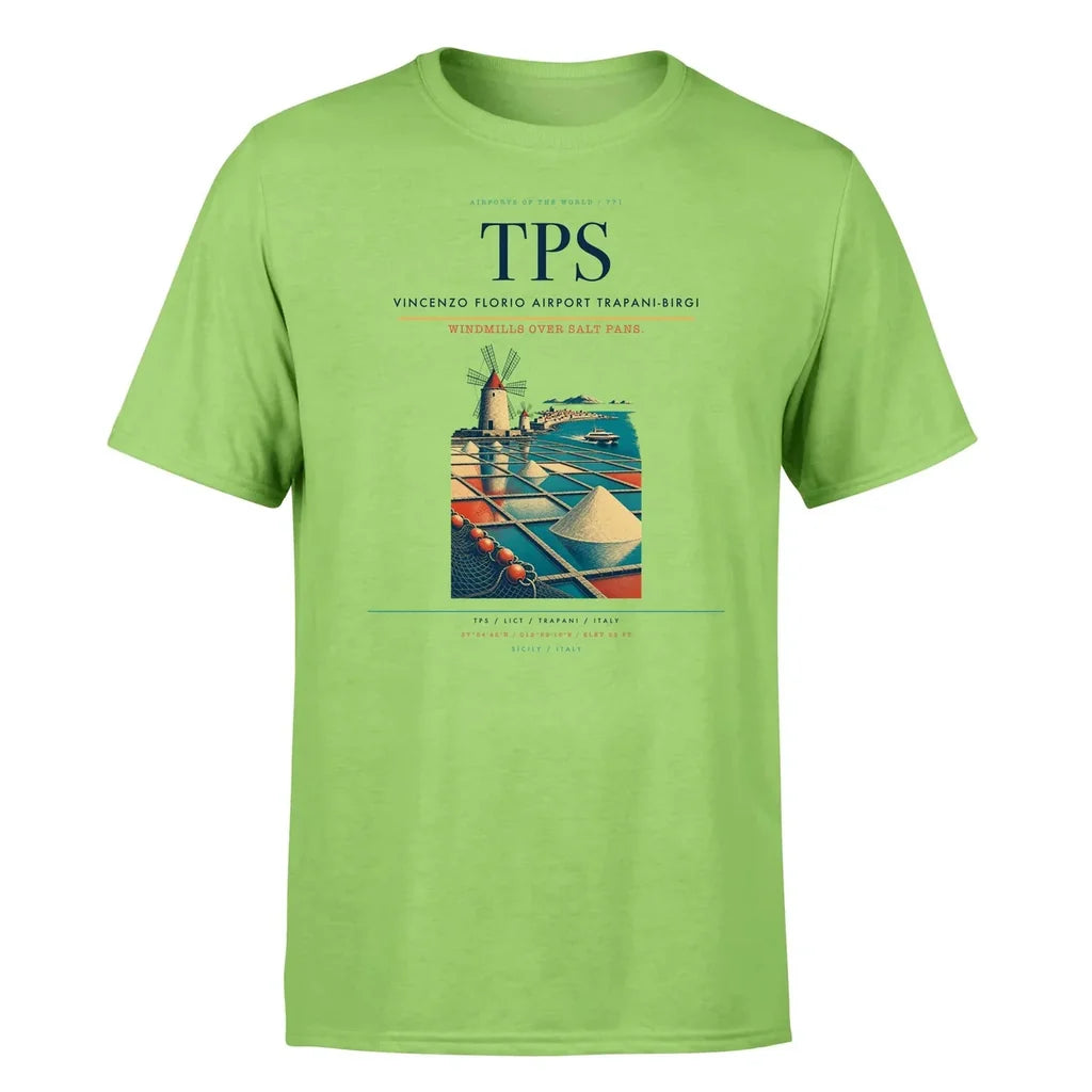 Vincenzo Florio Airport Trapani-Birgi (TPS) T-Shirt single-side front print in Light Green | vincenzo-florio-airport-trapani-birgi-tps-double-side-t-shirt