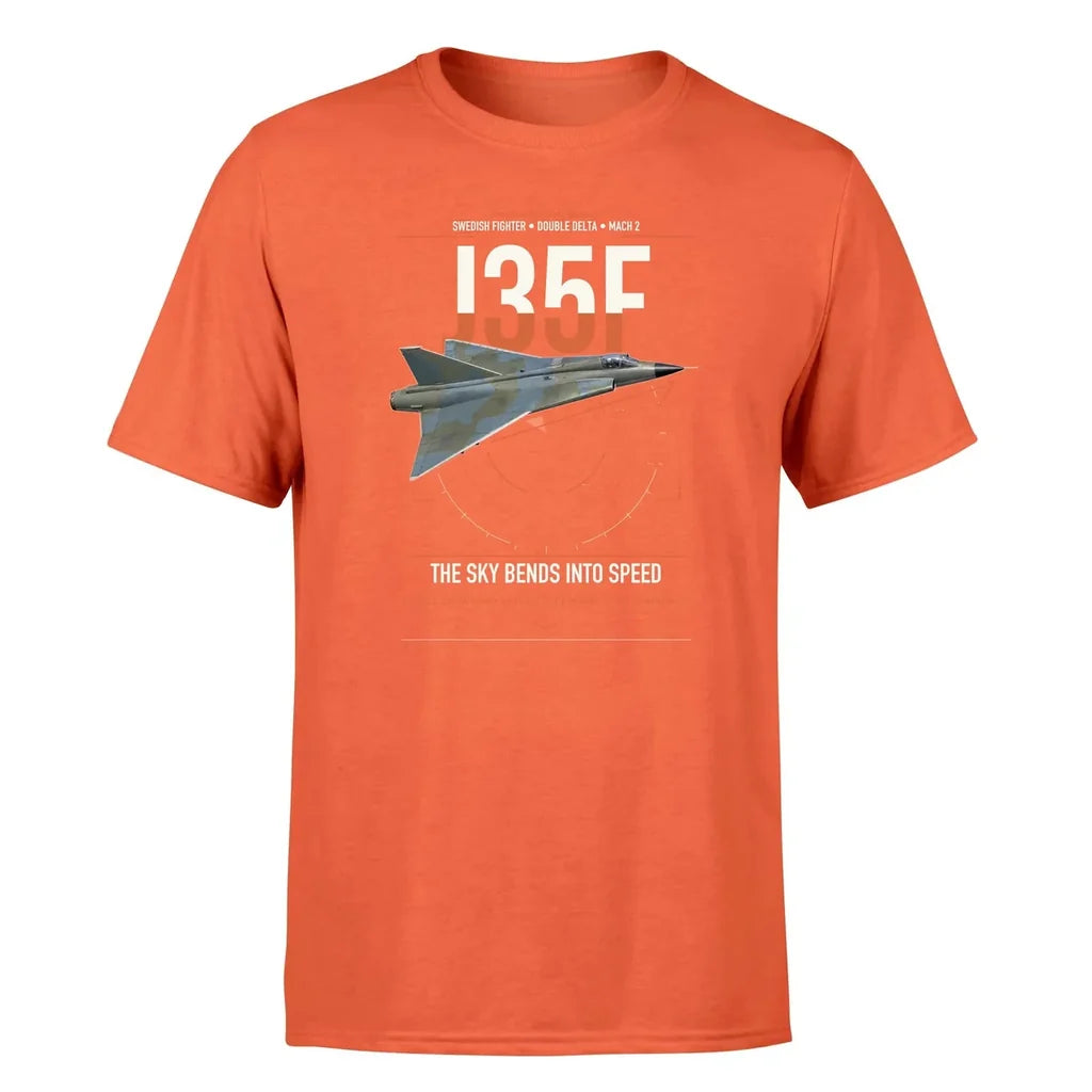 Saab J 35F Draken design on orange t-shirt, single-side print