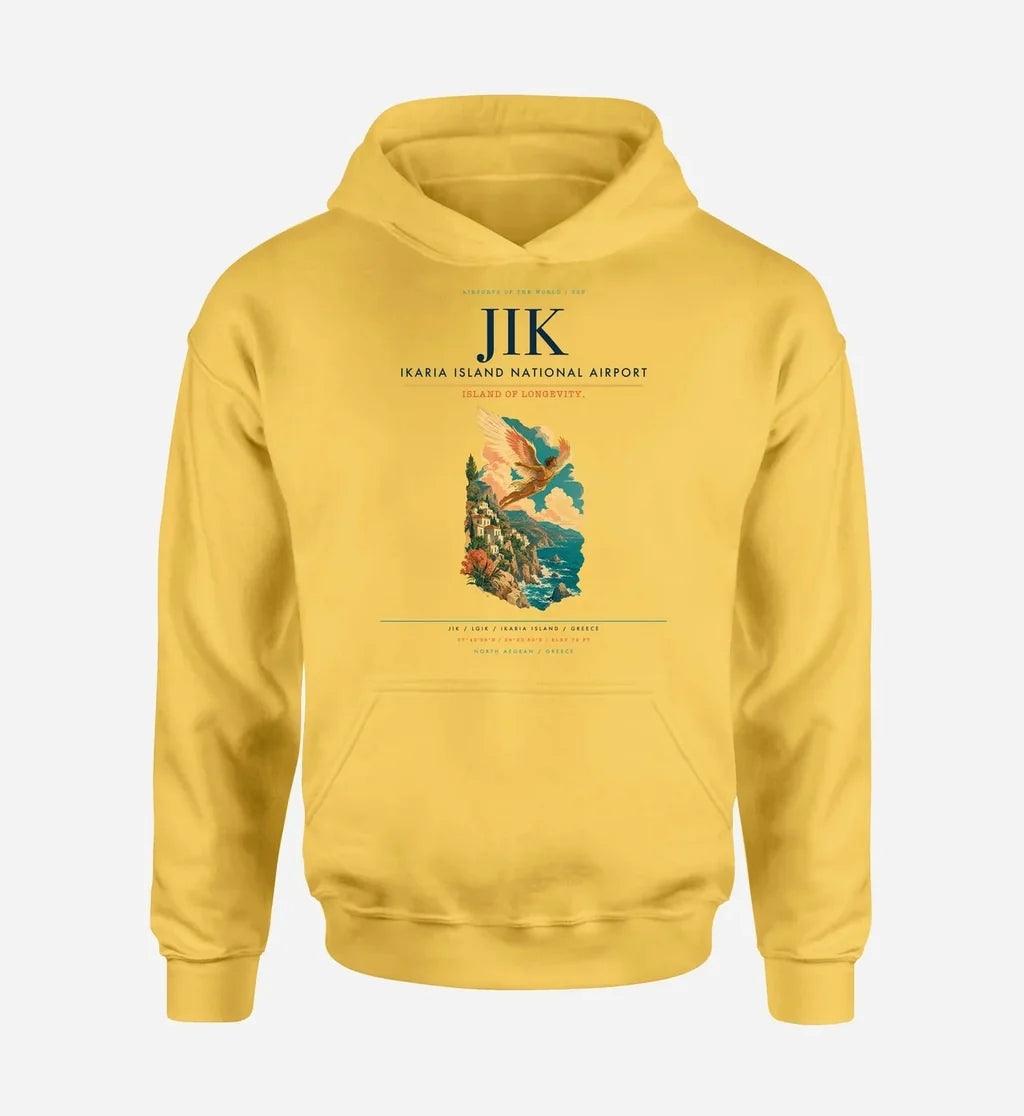 Ikaria Island National Airport (JIK) design on yellow hoodie single-side print