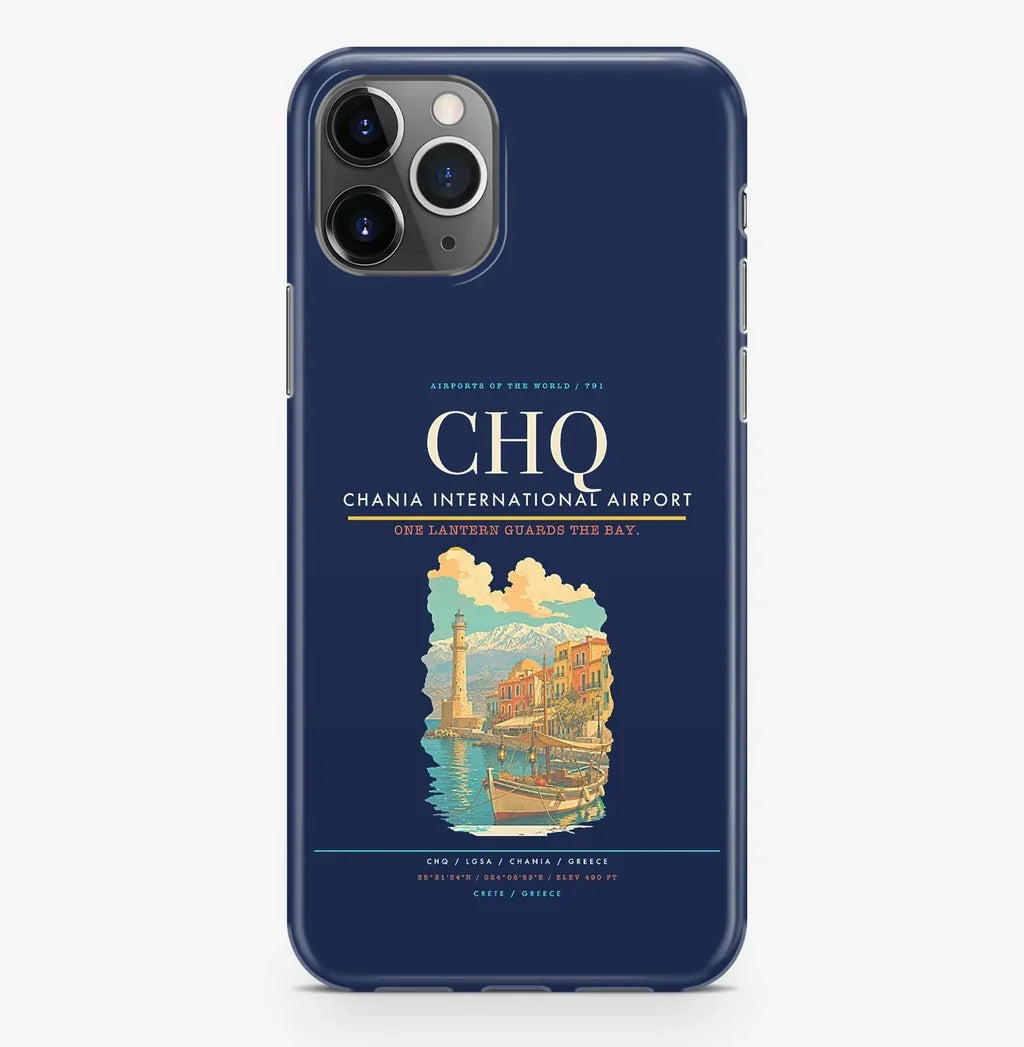 Chania Airport (CHQ) design on navy blue iPhone 16 Pro MagSafe case