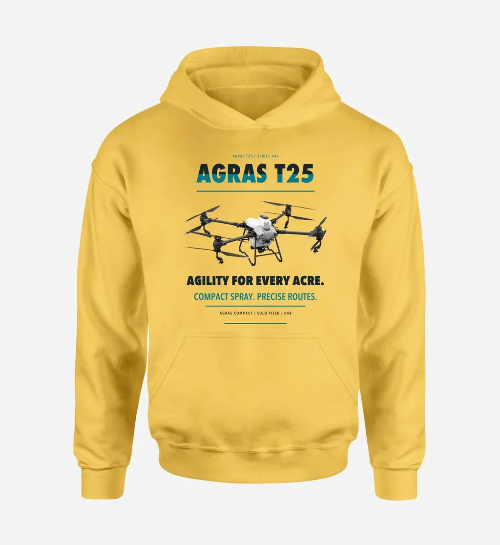 DJI Agras T25 design on yellow hoodie single side
