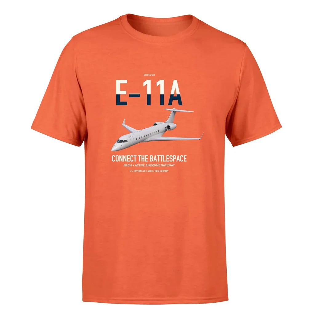 E-11A BACN design on orange double-side t-shirt, single-side print