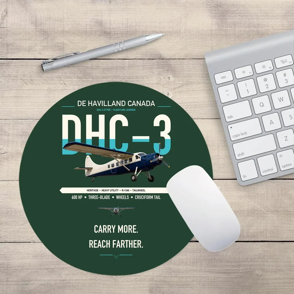 DHC-3 Otter design on dark green round mouse pad