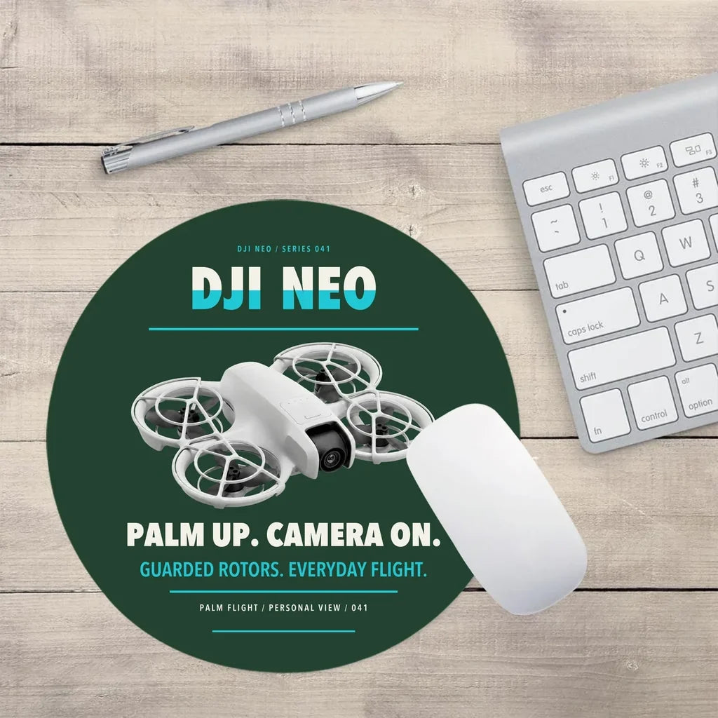 DJI Neo design on dark green round mouse pad