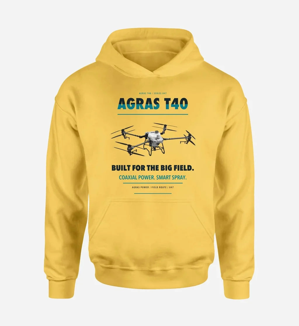 DJI Agras T40 design on yellow hoodie single side