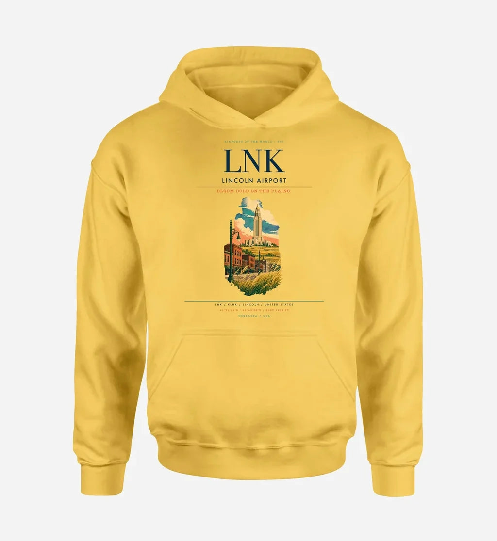 Lincoln Airport (LNK) design on yellow hoodie single-side print