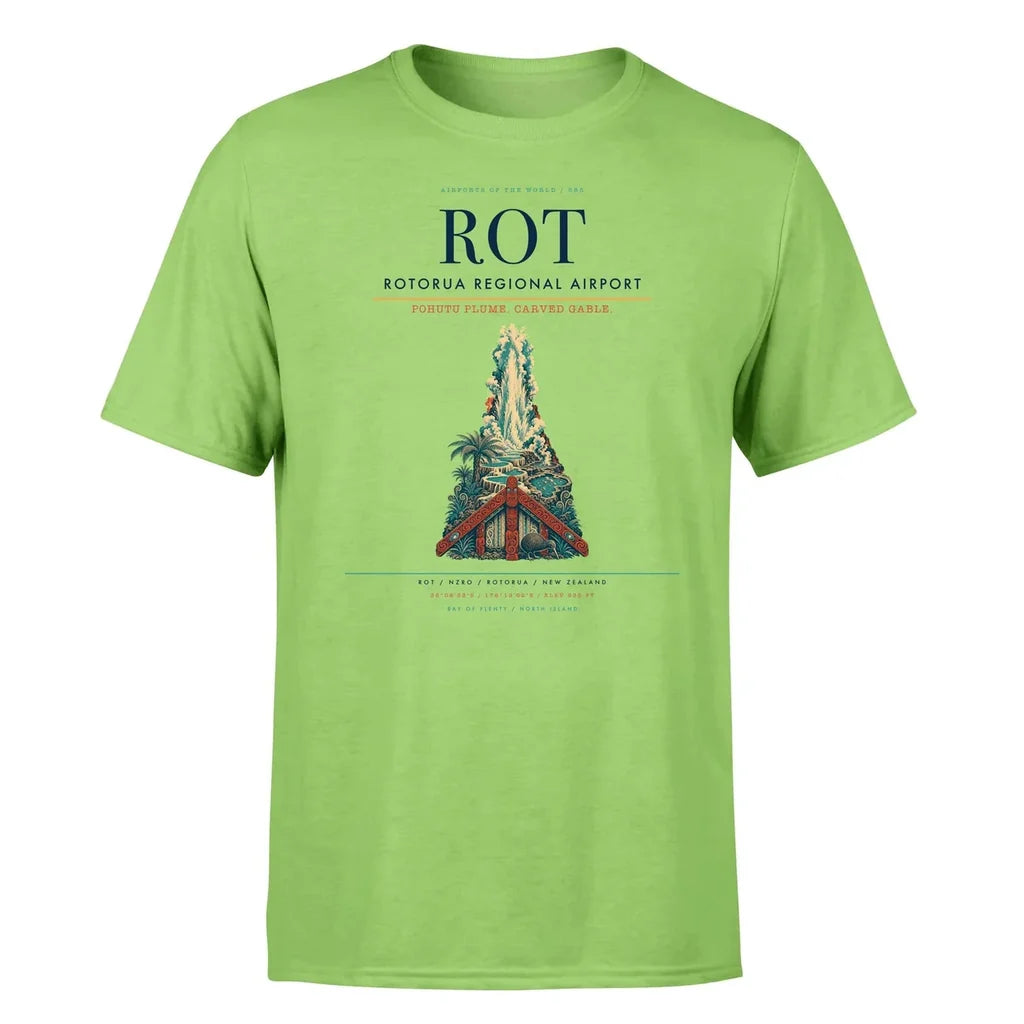 Rotorua Regional Airport (ROT) T-Shirt single-side front print in Light Green | rotorua-regional-airport-rot-double-side-t-shirt